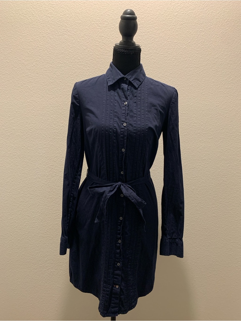 Tommy Hilfiger Navy Long-Sleeve Shirt Dress with Tie Waist (Size XS)